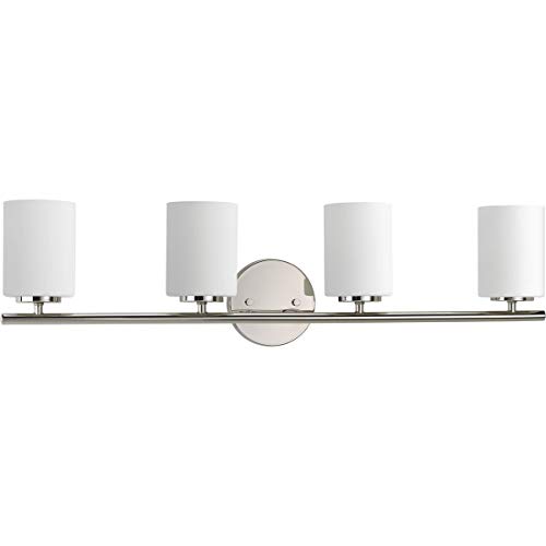 Image of Progress Lighting Replay Collection 4 Light Bathroom Vanity Light, Modern Bath Lighting Fixture with Etched White Glass Shades for Over The Mirror, Reversible Mounting, Polished Nickel