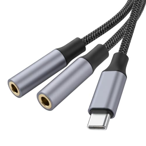 HOSONGIN USB C to Dual 3.5mm Female Headphone Splitter Type C to Headphone Audio Jack Adapter for iPhone iPad Pro Galaxy S24 Pixel and More - 0.9FT