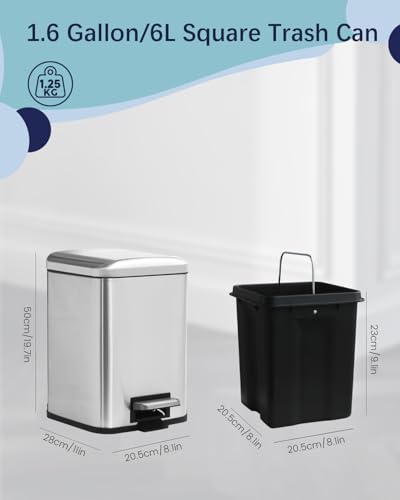 Bathroom Trash Can with Lid, 6 Liter / 1.6 Gallon Stainless Steel Trash Bin, Small Garbage Can with Removable Inner Bucket, Perfect Square Step Bin for Kitchen, Bathroom, Office, Bedroom