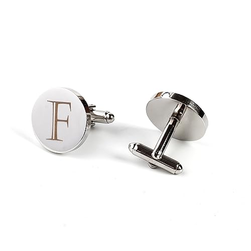 Image of Mens Initial Silver Cufflinks A-Z Alphabet Letter Steel Cuff Links with Engraved Walnut Wood Box Groom Groomsman Wedding Set