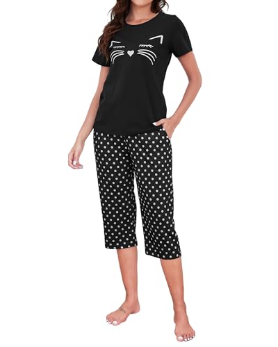 TeJoyce Pijama Mujer Algodon Corto Verano, Dos Piezas Ropa de Dormir Pantalón 3/4, Conjunto Camiseta de Manga Corta de Gatos y Capri Lunares con Bolsillos, Ropa de casa Suave y Transpirable S-XXL