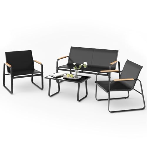 Mondeer Gartenmöbel Set 4-TLG, Balkon Möbel Set mit Holz-Kunststoff Armlehnen, Terrassenmöbel mit Tisch Sofa und 2 Stühlen, Textilene, für Garten Balkon Außen, Schwarz