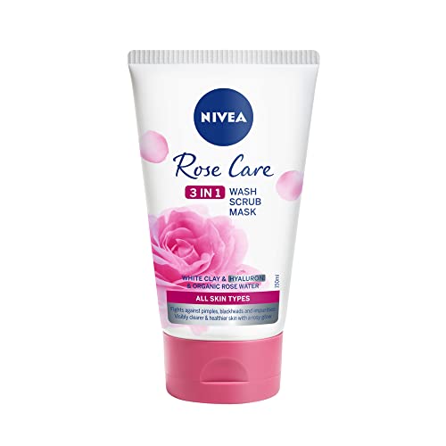 NIVEA Rose Care 3 in 1 Wash, Scrub, and Mask (150ml), All in One Face Scrub, Face Wash and Face Mask with Mineral Clay, Hyalu