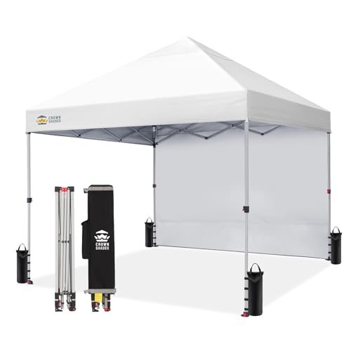 CROWN SHADES 8x8 Pop Up Canopy with 1 Side Wall - Beach Tent with One Push Setup - Outdoor Sun Shade for Events, Parties, Camping - Gazebo with STO-N-Go Cover Bag (White)