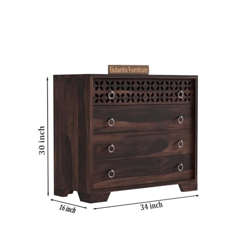 Image of Sheesham Wood Dressers Chests of 4 Drawers | Kitchen Crockery Cabinet Unit | Sideboard Storage Cabinets | Bedroom Furniture | Wooden Chests of Drawers (Walnut Finish)