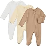 Aablexema Baby Organic Cotton Pajamas 2 Way Zipper Preemie Newborn One Piece Outfit Long Sleeve Footed Sleepwear(White/Light Yellow/Khaki,Preemie)
