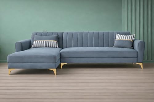 Image of Adorn India Premium Luster 6 Seater L Shape Sofa Set | Velvet Suede Fabric | 3-Year Warranty | LHS |Color Grey with Golden Legs & Striped Pattern Cushion
