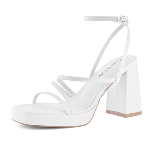 Image of Shoe'N Tale Platform Heels for Women Strappy Block Chunky Heels Square Toe Ankle Buckle Sandals