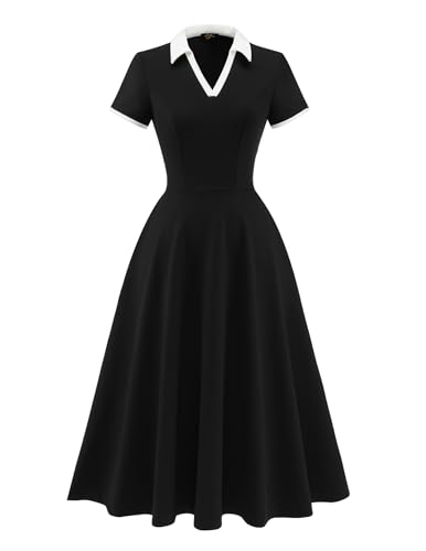 Dressystar Women V Neck 1950s Vintage Short Sleeves Dress Retro A Line Swing Rockabilly Cocktail Party Dresses with Pockets