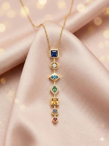 Image of Anti Tarnish Pendant Necklace for Women | 7 Stone Multi-Color Elegant Multiple Stone Chain for Women | Luxury Gold Plated Locket