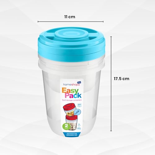 HOMESHOPA Blue Round Plastic Food Storage Containers, 2 Pack - 500ml & 1L Screw & Seal Lids BPA-Free Stackable Leak-Proof Airtight Canisters, Microwave and Dishwasher Safe