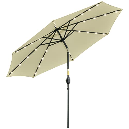 Outsunny Sombrilla de Jardín con 32 Luces LED Solares Ø265x233 cm Parasol Inclinable con Manivela y Poste de Acero para Terraza Patio Exterior Beige