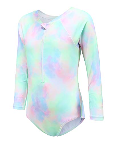 Image of Moon Tree Girls One Piece Swimsuits Long Sleeve Rash Guard Zipper Front Bathing Suit UPF 50+