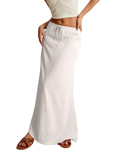 EARKOHA 2025 Women's Summer Maxi Skirt Drawstring Low Waist A Line Linen Long Flowy Skirts White XS