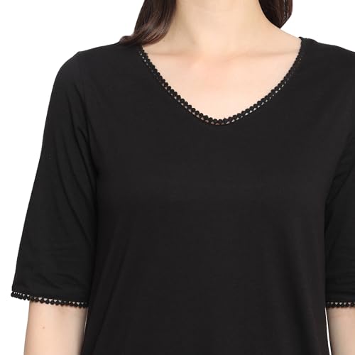 Image of Frenchtrendz Women's Cotton and Back Lace Designer V-Neck A-Line Knee Length Dress