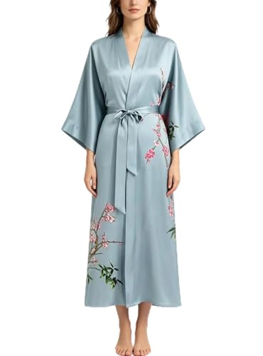 Image of Women's Classic 100% Silk Kimono Robe, Bathrobe-Printed Pattern