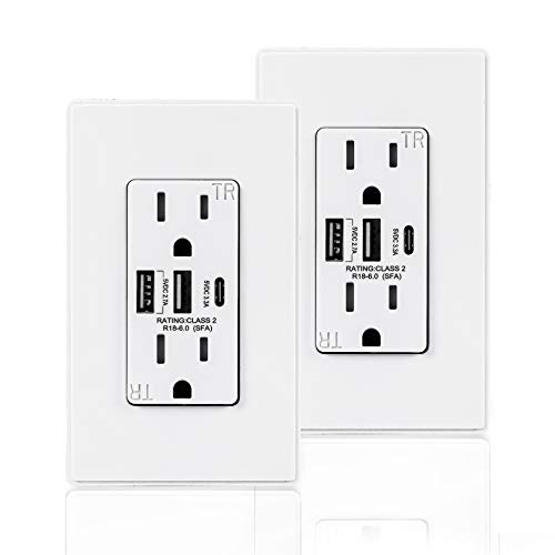 Coby USB Wall Outlet Dual High Speed 6.0 Amp USB Ports with Smart Chip, USB Type C Port, 15A Duplex Tamper Resistant Receptacle Electrical Outlet, Pack of 2 Coby USB Wall Outlet Dual High Speed 6.0 Amp USB Ports with Smart Chip, USB Type C Port, 15A Duplex Tamper Resistant Receptacle Electrical Outlet, Pack of 2
