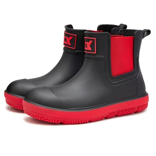 Top 10 Best Yard Work Shoes for Comfort and Durability 12 LIOERDIWE Ankle Rain Boots Men Women Waterproof Deck Boots Anti-Slip Rubber Chelsea Garden Work Shoes Short Mud Booties Fishing Farming Camping(Black Red,10 Women/8.5 Men)