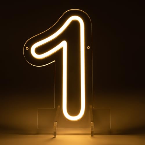 Image of Number 1 LED Neon Sign Backdrop Birthday Party Decoration, 11.3 inch Height Warm White Marquee Number Light Up Sign for Wedding Anniversary Window Wall Table, Indoor Battery Operated or USB