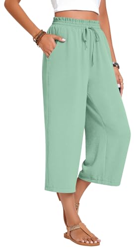 Image of Anyhold Women's Capri Pants Drawstring Casual Palazzo Trousers with Pockets Loose High Waisted Wide Leg Lounge Pants