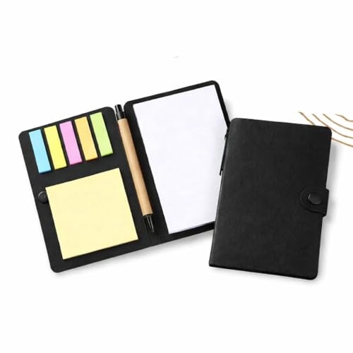 Image of AccuPrints Compact Sticky Notes Organizer with Pen Holder Black Paper Cover Colorful Sticky Tabs Button Closure 15.3x10cm