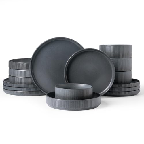 Image of Famiware Star Dinnerware Set with Pasta Bowls, Service for 4 (16pcs), Ribbed Stoneware Plates and Double Bowls Dishes Sets - Chip & Scratch Resistant, Microwave & Dishwasher Safe, Matte Dark Charcoal