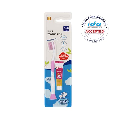 Image of Pigeon Kids Toothbrush Pink for 2-6 Years with Free Toothpaste | Soft Bristles | Gentle Oral Care for Children | Fluoride-Free & Safe for Kids