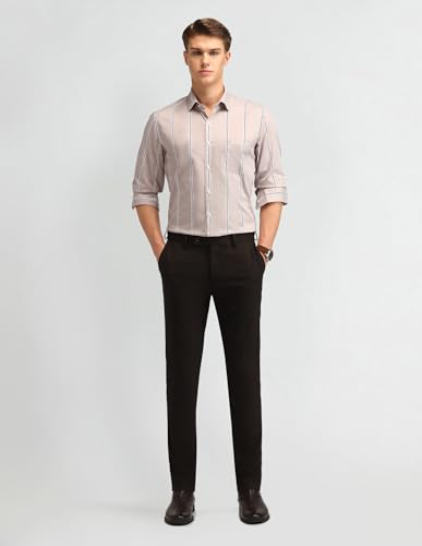 Image of Arrow Men's Striped Full Sleeves Slim Fit Semi-Cutaway Collar Cotton Formal Shirt Light Brown