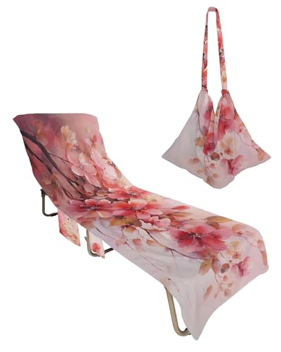 Pink Ombre Flower Beach Lounge Chair Towel Cover, Soft Chaise Lounge Towel with Side Pockets Patio Pool Chairs Cover for Beach/Pool Sunbathing 29x85 Watercolor Spring Floral Botanical