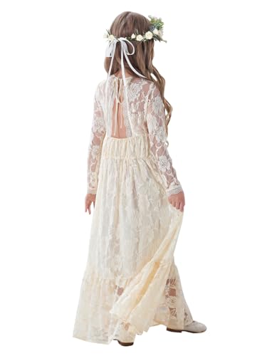 ALLOVIN Toddler & Girls Long Sleeve Lace Flower Girl Dress Maxi Boho A-Line Dress for Wedding Baptism 1st Communion 3-12Y