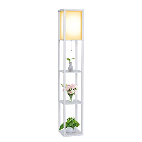 YU YUSING Lampadaire en bois, Design Lampe sur Pied avec 3 Niveaux Etagères und E27 Base, 1.6M Lampadaire étagère, pour chambre et salon (blanc)