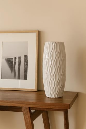 Image of Sphinx 8.5 Inch Ceramic Flower Vase Textured Glossy White - Modern Cylindrical Table Vase for Living Room, Bedroom & Office Decor 1 pcs