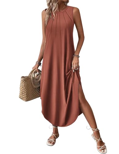 Image of Zeagoo Women Floral Summer Casual Beach Printed Tank Dress with Pockets Pleated Front Long Dress