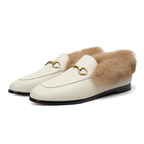 Image of Vertundy White Loafers Beige Fur Loafers for Women Low Heel Flats Loafers