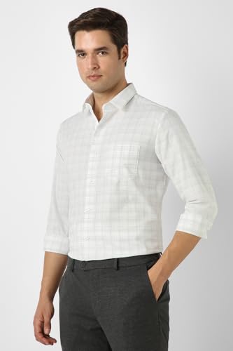 Image of Peter England Men's Classic Wonder Fabric Checkered Slim Fit Formal Shirt | Cotton Rich | Pin Point Oxford