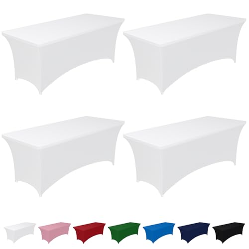 Image of Pureegg Spandex Tablecloth 6ft - 4 Pack, Fitted and Tight Cloth for Rectangle Table, Wrinkle-Free and Stretch Table Cover for Party, Wedding, Banquet and Birthday, White