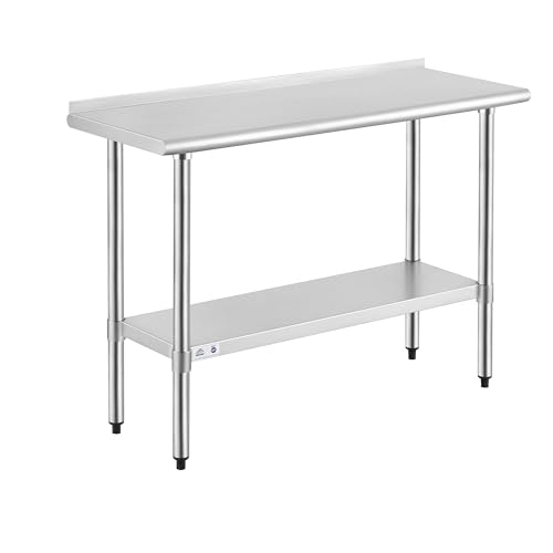 Image of ROCKPOINT Stainless Steel Table for Prep & Work with Backsplash 18x48 Inches, NSF Metal Commercial Kitchen Heavy Duty Table with Adjustable Under Shelf and Table Foot for Restaurant, Home and Hotel