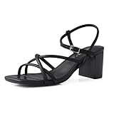 Shoe'N Tale Strappy Heels for Women Low Chunky Block Heel Dress Shoes Square Open Toe Ankle Strap Heeled Sandals(8,B-Black)