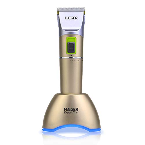 HAEGER EXPERT TRIM - Cortapelos Profesional, Recargable, con o sin cables, 2 velocidades, Base con luz LED azul, posición de carga giratoria 360º, batería de litio de alta capacidad y rendimiento