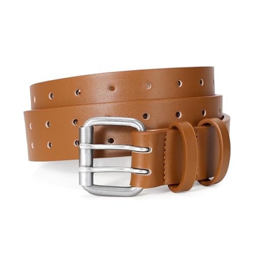 Image of JASGOOD Men Double Prong PU Leather Belt Casual Work Heavy Duty Belt Double Grommet Holes Belt for Jeans