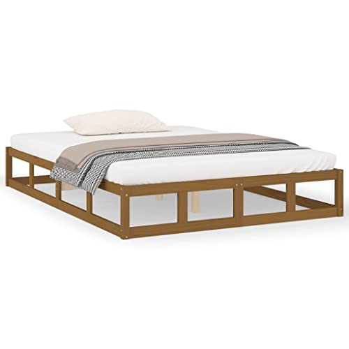 HETFTJN Cama de madera maciza de 150 x 200 cm, color marrón miel de pino, diseño moderno, resistente, con láminas de madera contrachapada, para dormitorio, habitación de invitados, habitación de los