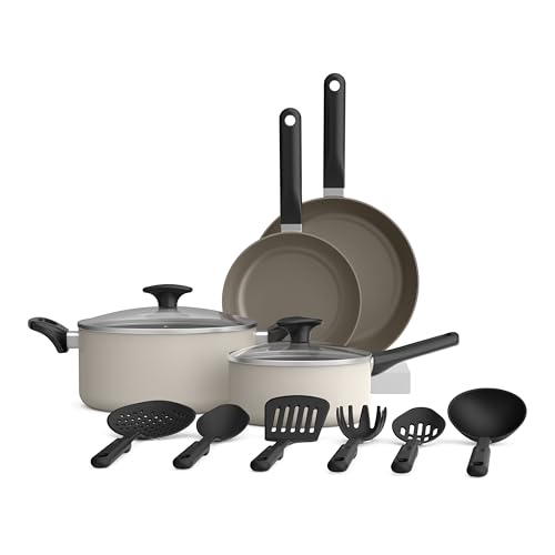 Image of bella 12 Piece Cookware Set with EverGood™ Ceramic Nonstick Coating, Dishwasher & Oven Safe, All Stovetops Compatible, Tempered Glass Lids and Cool Touch Handles, Oatmilk