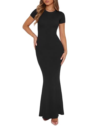 REORIA Women's Summer Sexy Casual Lounge Long Dress Elegant Wedding Guest Short Sleeve Crew Neck Bodycon Maxi Dresses Black Small