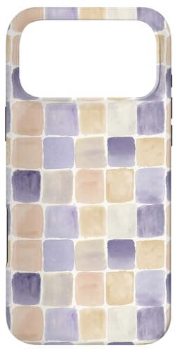 水彩画 抽象 幾何学模様 パープルとベージュ チェック スマホケース iPhone 17 Pro Max 用
