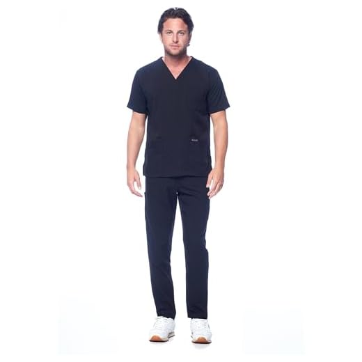 Dagacci Medical Uniform Unisex Women and Men’s V-Neck Super Stretch Scrub Set, Black, XS