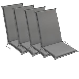 sleepling Hochlehner Auflagen 4er Set, Bequeme Gartenstuhlauflagen, Sitzauflagen Gartenmöbel 120x50 cm, 6 cm dick, waschbar, Befestigungsbänder, anthrazit grau