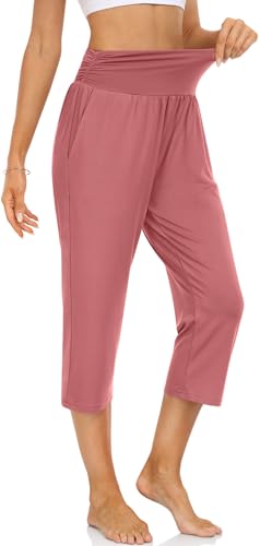 Image of UEU Women's Yoga Capri Pants Loose Soft Drawstring Workout Sweatpants | Comfortable Stretchy Fabric, Casual Lounge Pants, Side Pocket, Workout Travel Daily Wear