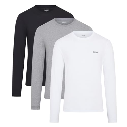 DKNY Hombres Camiseta de Manga Larga Negro/Blanco/Gris Paquete de 3 Medio