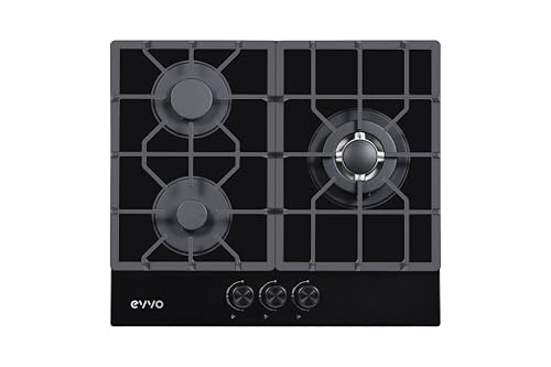 Placa de Gas EVVO V66 Glass, 3 Quemadores con Wok, Cristal Templado Negro, Encendido Eléctrico, Gas Natural y Butano