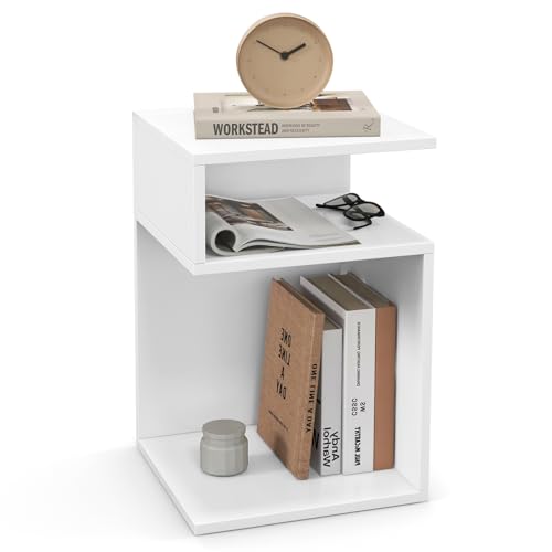 Tangkula S-Shaped Side Table, 3 Tier Wood End Table with Open Storage Shelves, Anti-Slip Foot Pads, Modern Accent Bedside Nightstand, Narrow Side Table for Small Spaces Living Room Bedroom (1, White)
